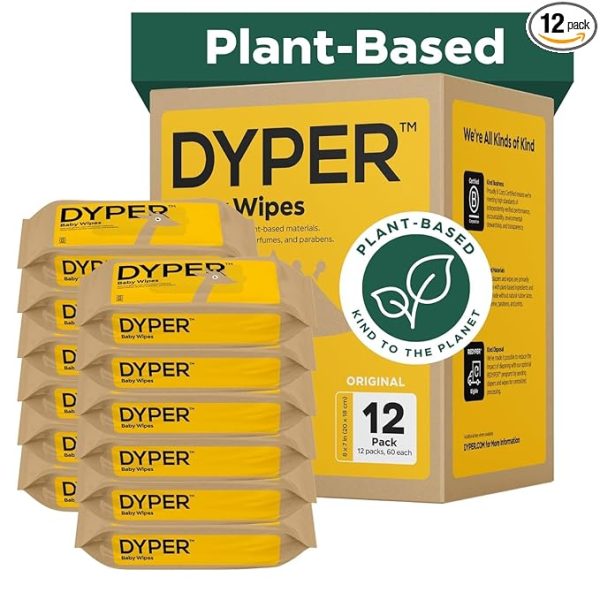 DYPER Baby Wipes Unscented (720 Count) - 99% Water-Based & Hypoallergenic Baby Wipes, Made with Plant-Based Materials, Gentle for Sensitive Skin, Fragrance & Plastic-Free Wet Wipes, 12 Pack