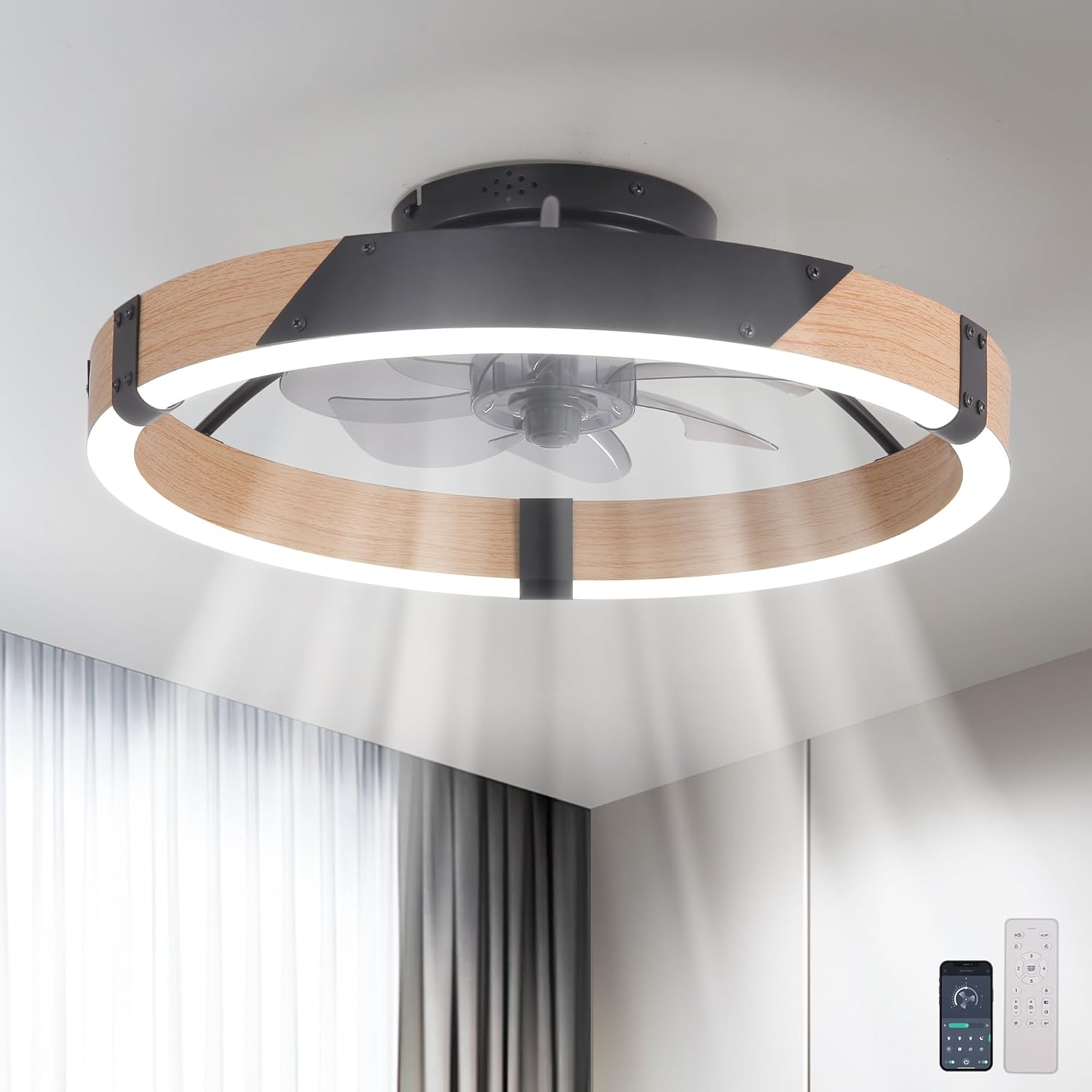 711aE9V6o0L._AC_SL1500_ Garwarm 20IN Low Profile Ceiling Fans with Lights and Remote, 30W Fandelier Ceiling Fan Flush Mount,3000K-6500K Dimmable Bladeless LED Fan Light for Bedroom Kitchen Living Room Dining Room - Image 1