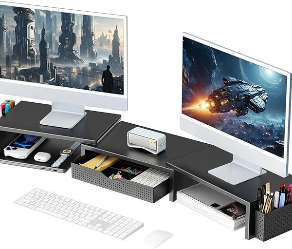 gianotter Dual Monitor Stand Riser, Desk Organizer With Drawer and 2 Pen Holders, Computer Monitor Stand, Shelf for Top of Desk, Black