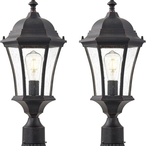 Cast Aluminum 24" Large Outdoor Post Light with 3" Pier Mount, Bronze Exterior Pathway Pole Lights Fixture with Seeded Glass 2 Pack Outside Garden Post Lamp Lantern Head for Driveway, Yard
