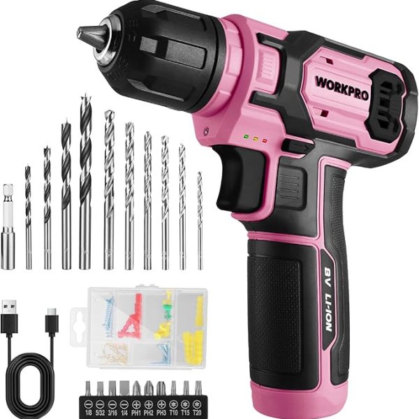 WORKPRO Pink Power Drill Set, 8V Cordless Drill Driver Set with 53pcs Bit Set, 2.0Ah Electric Cordless Drill Kit with 3/8" Keyless Chuck and Variable Speed Trigger, Portable for DIY- Pink Ribbon