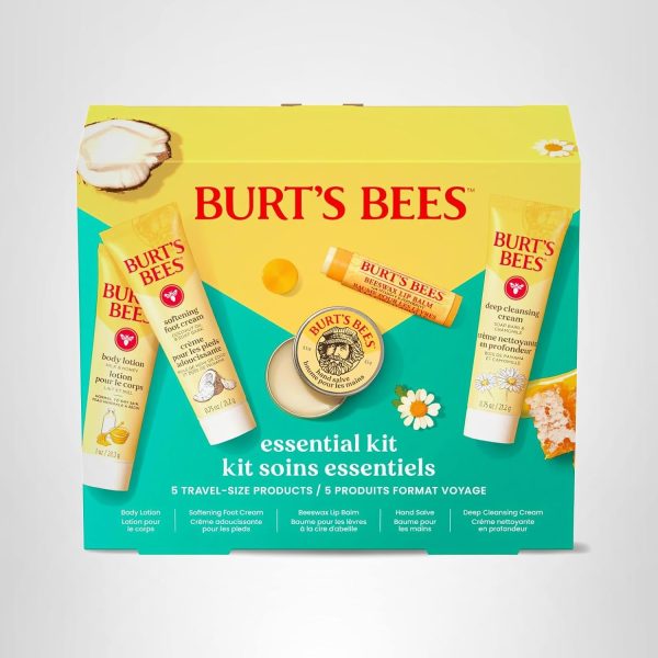 Burt's Bees Christmas Gifts - Essentials Everyday Set, 5 Travel Size Products for Stocking Stuffers - Deep Cleansing Cream, Hand Salve, Body Lotion, Foot Cream and Original Lip Balm