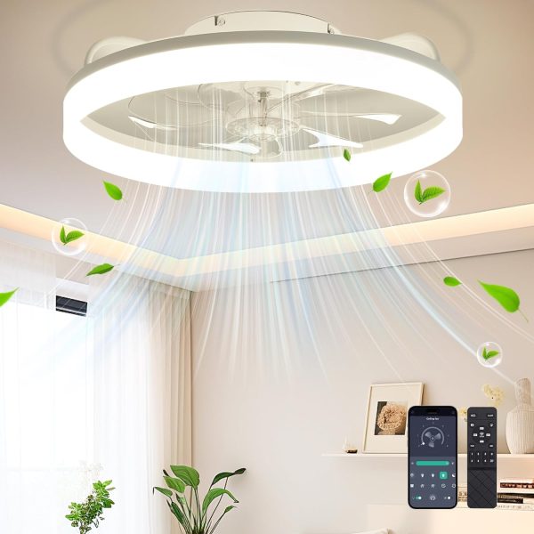 Ceiling Fans with Lights and Remote Fandelier - White 20'' Flush Mount Low Profile Modern Ceiling Fans for Bedroom - Stepless Color Temperature and 6 Speeds, White