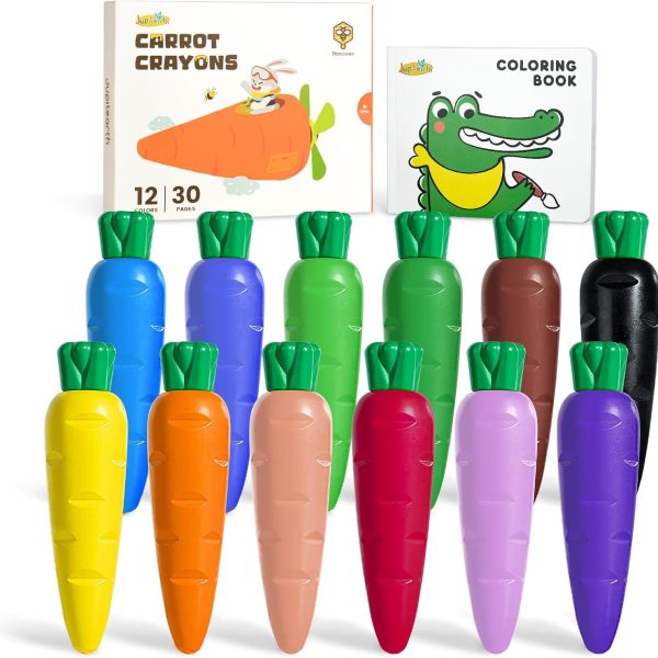 12 Colors Crayons for Toddlers 1-3, Non Toxic Beeswax Carrot-Shaped Toddler Crayons with 30-Page Coloring Book and 120 PDF Pages, Mess-Free Coloring for Kids Ages 2-4 4-8 Art Supplies Gift