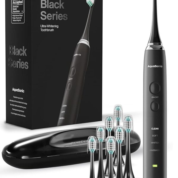 Aquasonic Black Series Ultra Whitening Toothbrush – ADA Accepted Electric Toothbrush- 8 Brush Heads & Travel Case – 40,000 VPM Electric Motor & Wireless Charging - 4 Modes w Smart Timer