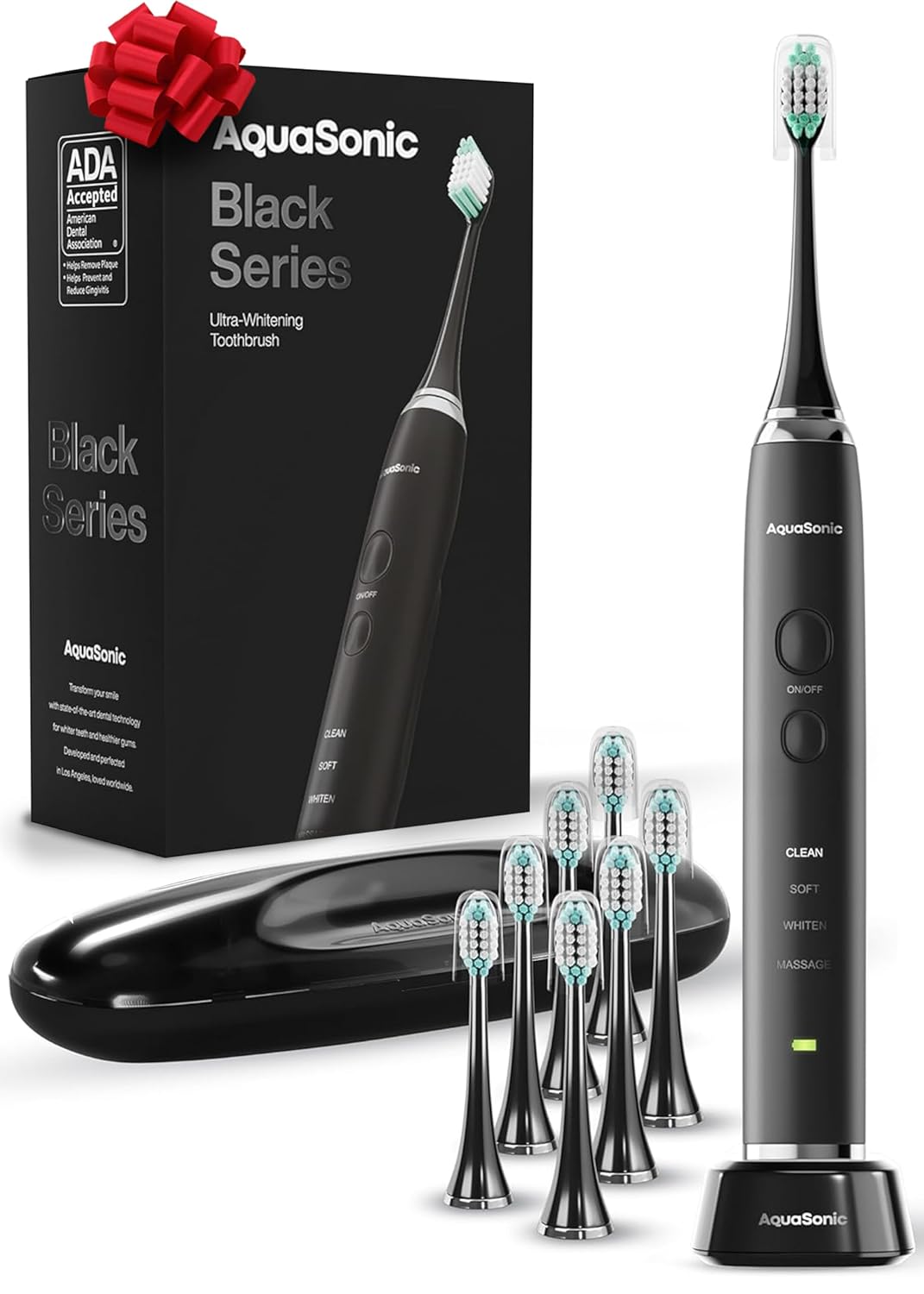 71DeE5zWSLL._SL1500_ Aquasonic Black Series Ultra Whitening Toothbrush – ADA Accepted Electric Toothbrush- 8 Brush Heads & Travel Case – 40,000 VPM Electric Motor & Wireless Charging - 4 Modes w Smart Timer - Image 1