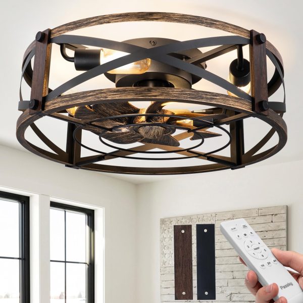 20" Farmhouse Flush Mount Ceiling Fans with Lights and Remote, Industrial Black Caged Low Profile Fandelier, 6 Speeds Bladeless Ceiling Fan for Bedroom, Kitchen, Living Room