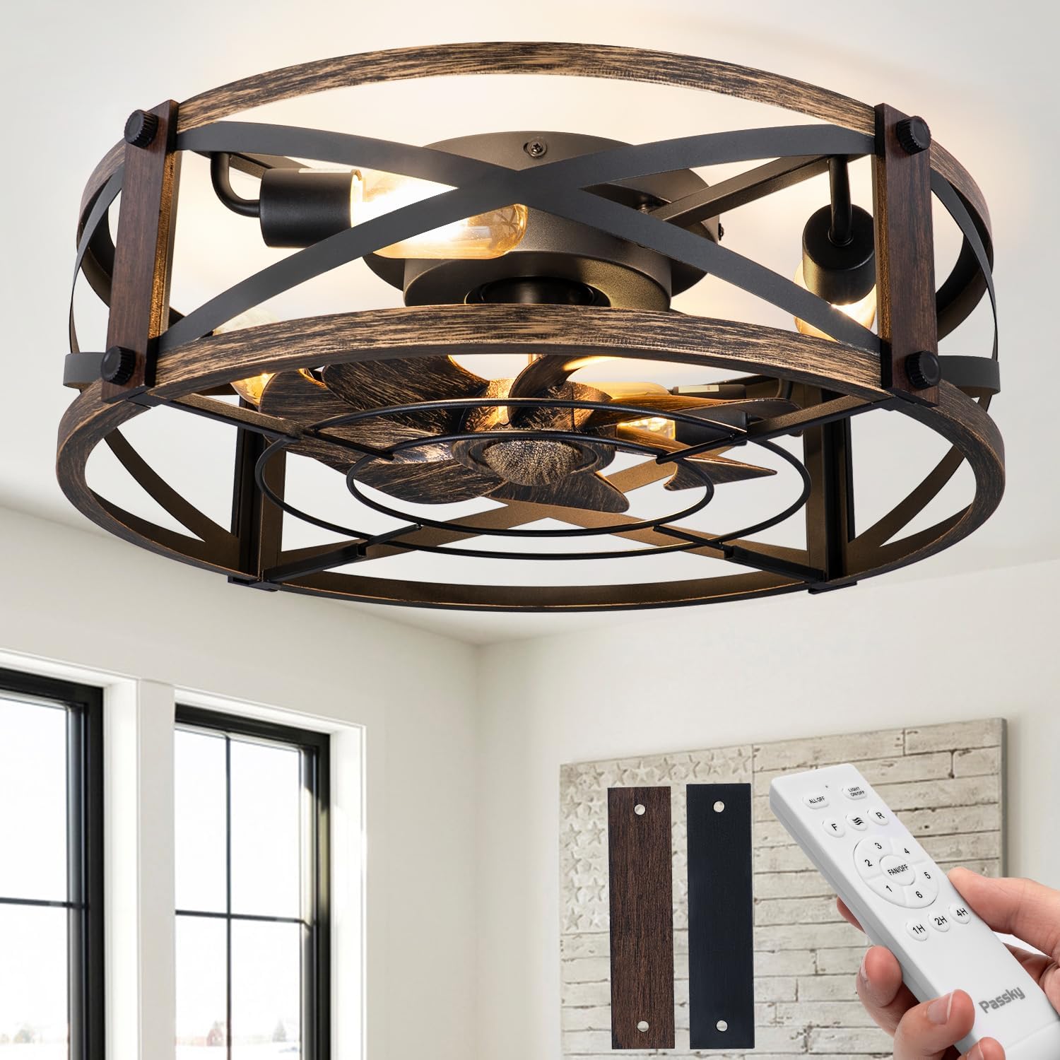 71G5Ptl9cdL._AC_SL1500_ 20" Farmhouse Flush Mount Ceiling Fans with Lights and Remote, Industrial Black Caged Low Profile Fandelier, 6 Speeds Bladeless Ceiling Fan for Bedroom, Kitchen, Living Room - Image 1