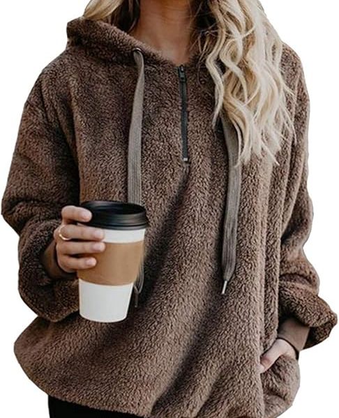 ReachMe Womens Oversized Sherpa Pullover Hoodie with Pockets Fuzzy Fleece Sweatshirt Plaid Fluffy Jacket Coat