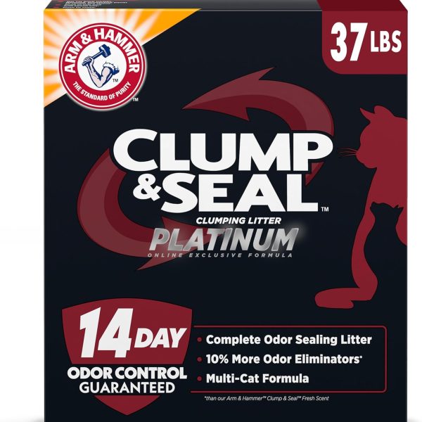 ARM & HAMMER Clump & Seal Platinum Cat Litter, Multi-Cat, 14-Day Odor Control, Rock-Hard Clumps, 37 lbs – Powerful Odor Eliminator with Baking Soda