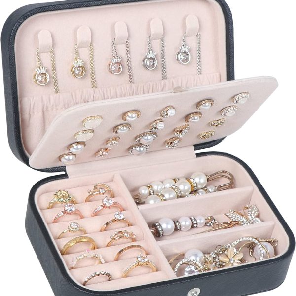 Travel Jewelry Box, PU Leather Small Jewelry Organizer for Women Girls, Portable Mini Travel Case Display Storage Holder Boxes for Stud Earrings, Rings, Necklaces, Bracelets (Black Beige)