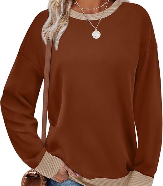 Saloogoe Sweatshirts for Women Crewneck Long Sleeve Loose Fit Tops Color Block Ribbed Trim Fashion 2025