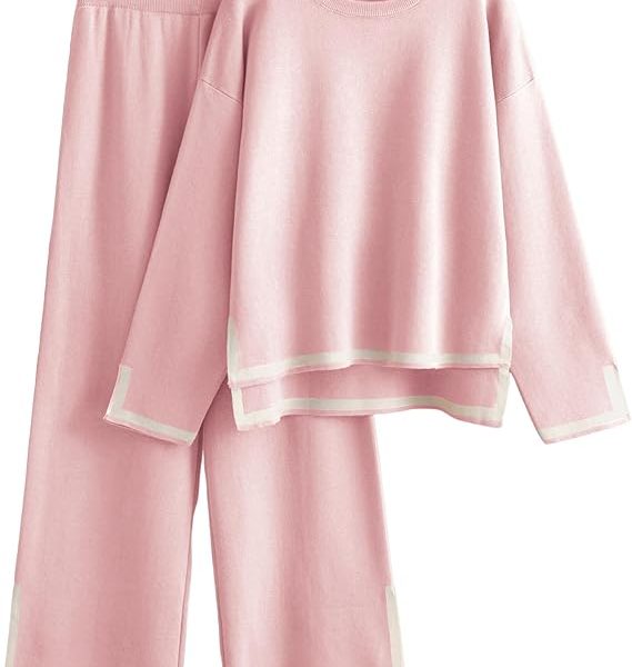 Tanming Women's 2 Piece Outfits Long Sleeve Knit Sweater Top Wide Leg Pants Lounge Sets Tracksuits