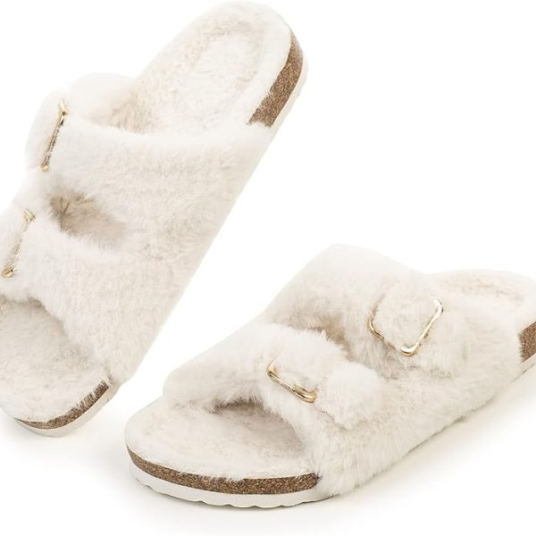 FITORY Womens Open Toe Slipper with Cozy Lining,Faux Rabbit Fur Cork Slide Sandals Size 6-11