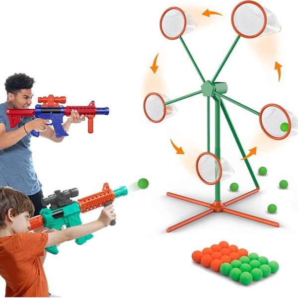 Shooting Games Toys for Age 5 6 7 8 9 10+ Year Old Boys, Kids Toy Sports & Outdoor Game with Moving Shooting Target & 2 Popper Air Toy Guns & 24 Foam Balls, Gifts for Boys and Girls
