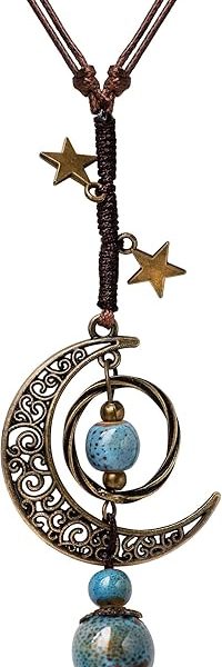 MINACHI Vintage Bohemian Hippie Ceramic Beads Crescent Moon Lariat Necklace, Boho Hippie Statement Jewelry Gift for Women