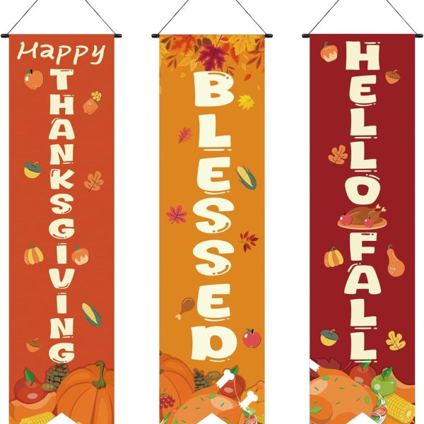 Happy Thankgiving Banner with Pumpkin Maple Leaves Autumn Hanging Banner Porch Sign Hello Fall Thanksgiving Party Decorations Hanging For Indoor Outdoor Wall Door Decoration