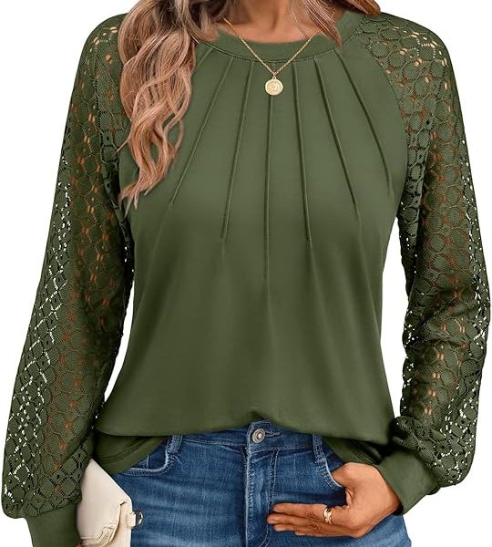 AUTOMET Womens Long Sleeve Shirts Pleated Lace Tops Fall Fashion Outfits Business Casual Blouses