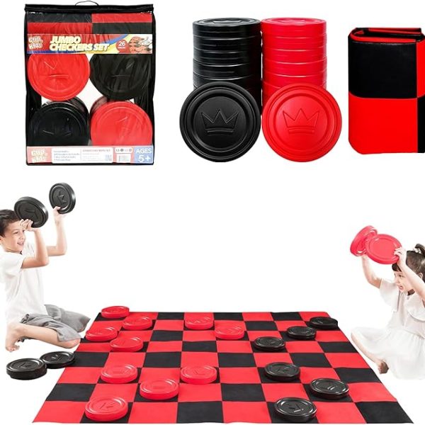 Jumbo Checkers Set with Storage Bag - 58 inch mat - Outdoor & Indoor Play Toys, Backyard Board Games, Family Party, Birthday for Toddlers Ages 5 6 7 8 Year Old - Amazon Exclusive