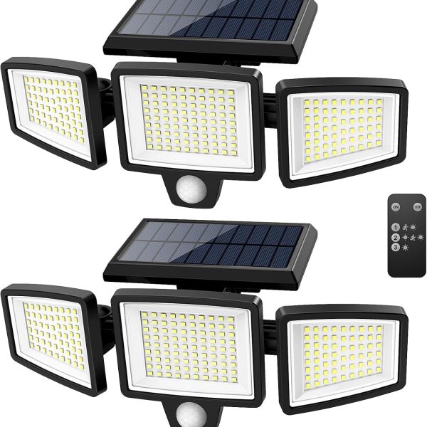 Tuffenough Solar Outdoor Lights 2500LM 210 LED Security Lights with Remote Control,3 Heads Motion Sensor Lights, IP65 Waterproof,270° Wide Angle Flood Wall Lights with 3 Modes(2 Packs)