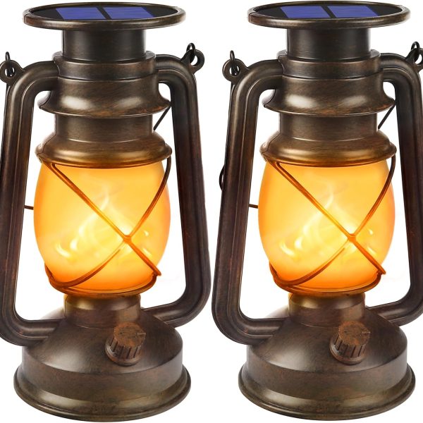 Solar Lanterns Outdoor Waterproof,2 Pack Bronze Vintage Lanterns with Dancing Flame Led Hanging Lights Decor,Lamps for Porch Garden Yard Pathway Camping