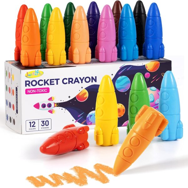12 Colors Crayons for Toddlers, Non-Toxic Washable Rocket Crayons, Easy-to-Hold Coloring Gifts & Mess-Free Art Supplies for Little Hands