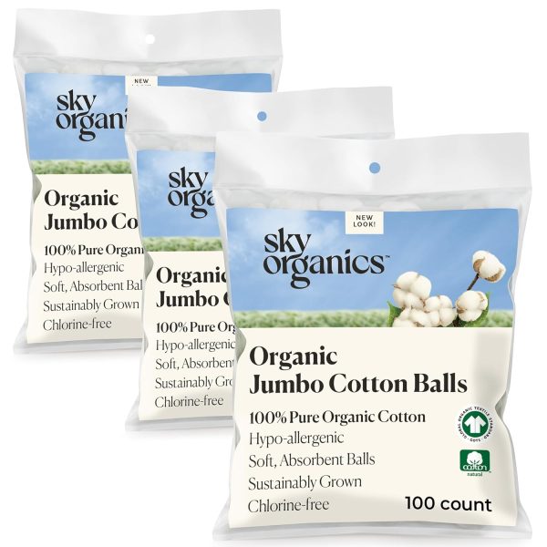 Sky Organics Organic Jumbo Cotton Balls for Sensitive Skin, 100% Pure Organic Cotton Sustainably Grown, Chlorine Free, Hypoallergenic, Ultra-Soft and Absorbant for Beauty&Personal Care, 300 ct