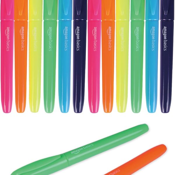 Amazon Basics Highlighters, Fluorescent Ink, Chisel Tip, Assorted Colors, School Supplies, 12 Pack