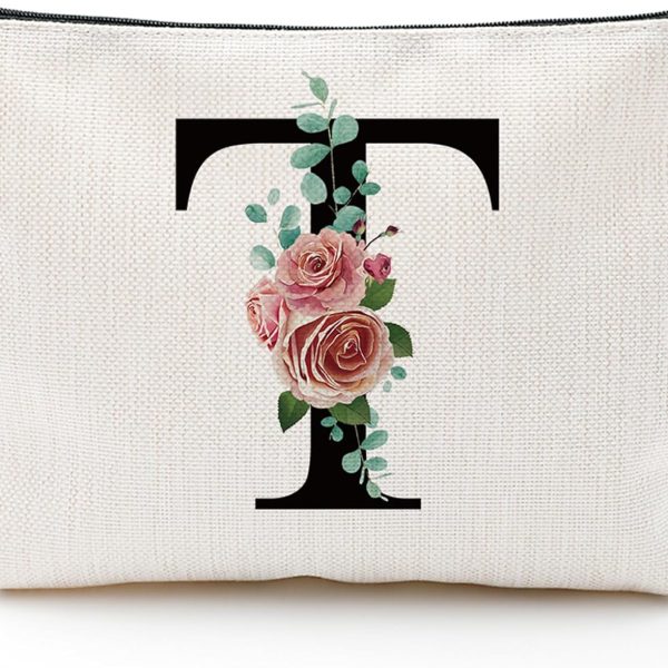 Initial A-Z Personalized Letter Makeup Bag, Monogrammed Bridesmaid Gifts Presents Cosmetic Bag, Portable Stationary Storage Organizer Pouch, Friendship Love Travel Makeup Bags