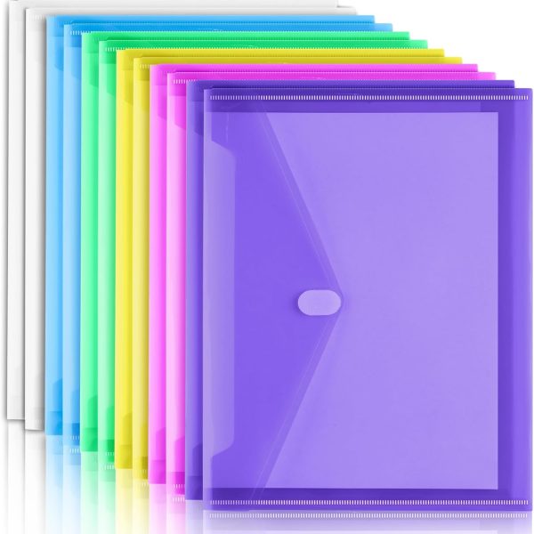 Sooez 12 Pack Plastic Envelopes File Folders, Plastic Folders with Pockets, Colored Folder for Documents Organizer Letter/A4 Size, Clear Filing Folders for Office School Paper Storage, 6 Colors
