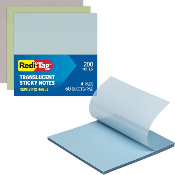 Redi-Tag Translucent Sticky Notes, Transparent Self-Stick Notes, 3" x 3", Calming Colors, 4 Pads, 50 Notes Per Pad, 200 Sheets (1006592)