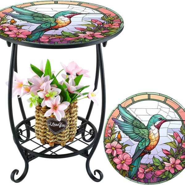 Outdoor Side Table Round Small Mosaic Patio Accent Indoor End Plant Metal Coffee Tea Table for Yard Porch Garden Patio Living Room, Bedroom(Hummingbird Style,14 Inch)