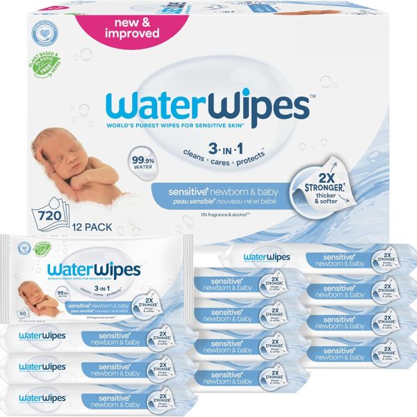 WaterWipes Sensitive+ Newborn & Baby Wipes, 3-In-1 Cleans, Cares, Protects, 99.9% Water, Unscented & Hypoallergenic, 720 Count (12 Packs)