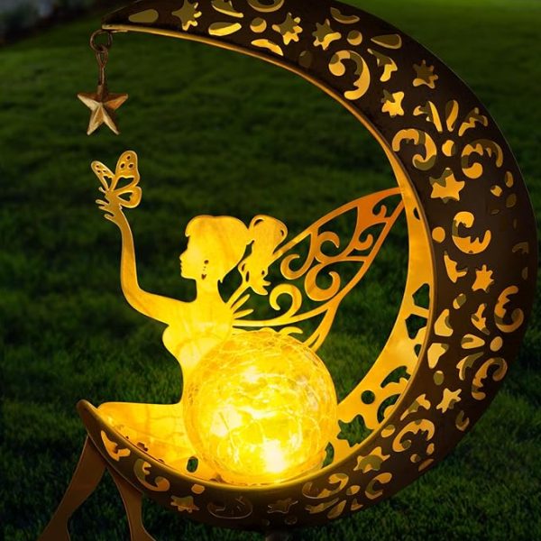 Solar Garden Statues Outdoor Decor, Fairy Moon Figurine Light Stake, Housewarming Ornament for Patio, Lawn, Yard, Pathway - Unique Gift Ideas for Gardening Mom Grandma