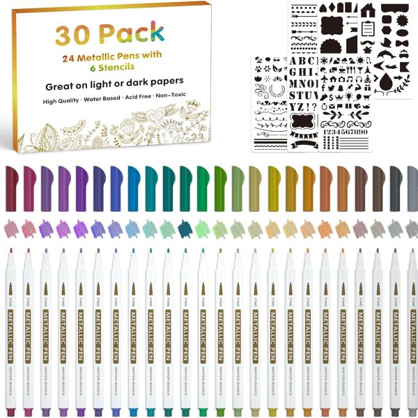 30 Pack Metallic Marker Pens, Lineon 24 Colors Fine Tip Paint Pens with 6 Stencils for DIY Craft Photo Album Rock Art Painting Card Making Glass Wood