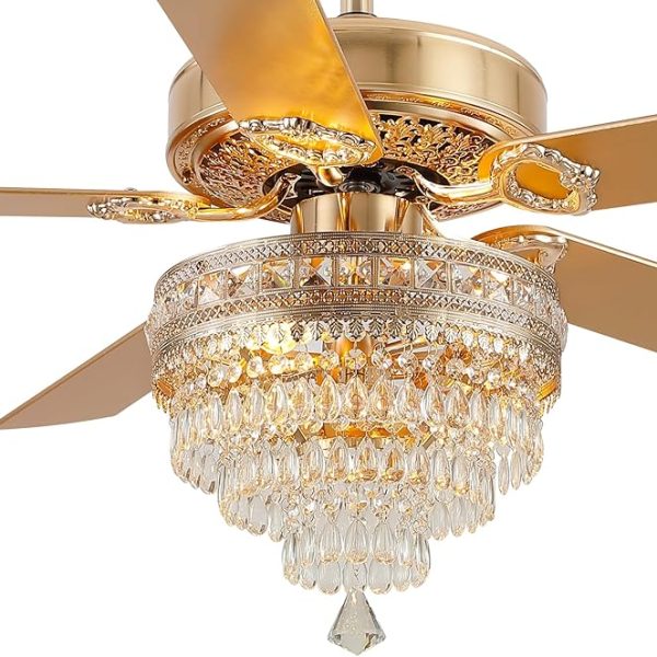 Crystal Ceiling Fan Fandelier with Lights - 52" Modern Outdoor Fans with Remote Control，Noiseless AC Motor, Retro/Farmhouse Lighting, Dining Room,Living Room (Gold