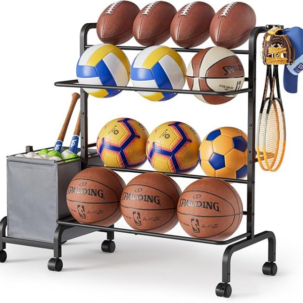 Ball Storage Rack, Adjustable Basketball Holder Display Stand with Ball Basket Bin Hooks, Outdoor Ball Cart with Wheels for Soccer Football Tennis Baseball, Sport Equipment Organizer for Garage Gym