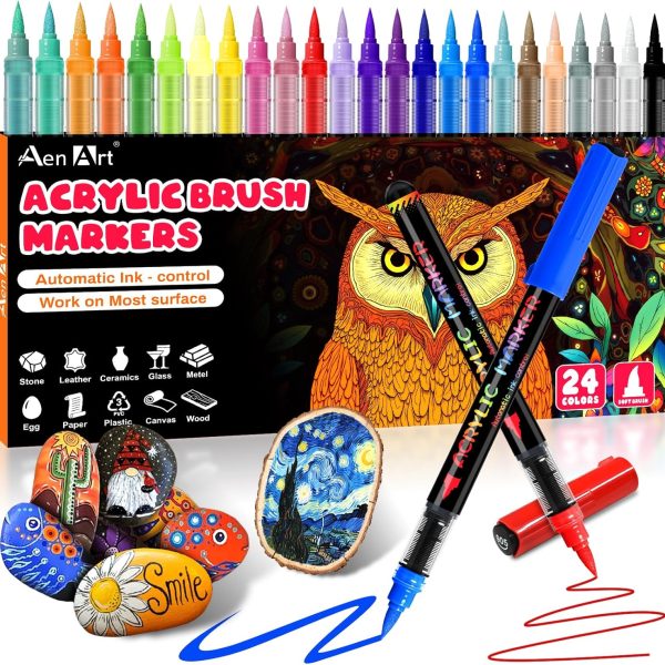 Acrylic Paint Markers, 24 Colors Automatic Ink Control Acrylic Pens, Soft Brush Tip Paint Pens, Waterproof Paint Markers for Rock Painting, Stone, Wood, Glass, Ceramic, DIY Art Supplies