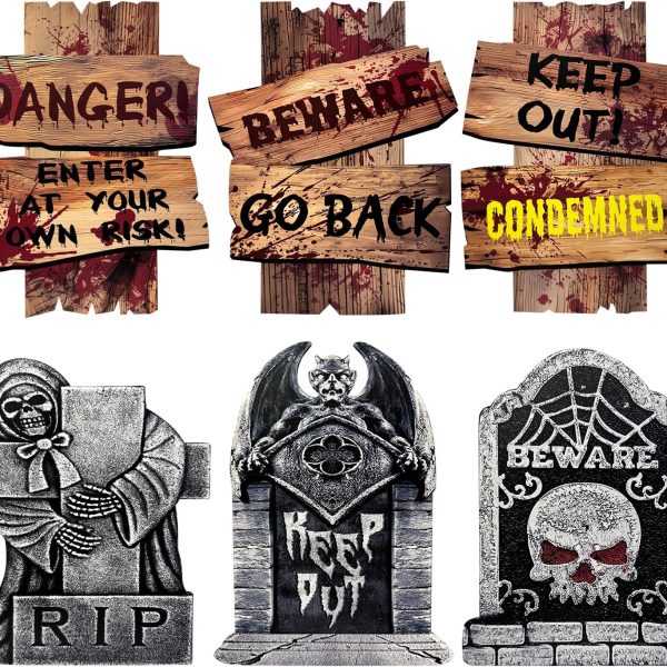 Halloween Decorations Outdoor, 6 Pack Realistic Corrugated Plastic Tombstones and Scary Graveyard Signs with Stakes, Statues Scary Lawn Decor for Vampire Graves, Garden, Home and Party