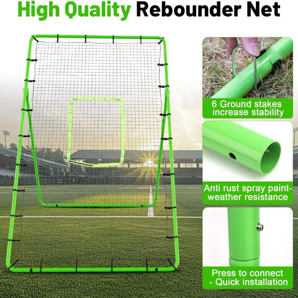 4×7ft Rebounder Net，Soccer Rebounder with Adjustable 5 Angles，6 Ground Stakes，1 Glove，Baseball Rebounder Net with Fluorescent Green Pitching Target，Net for Individual/Team Baseball Training