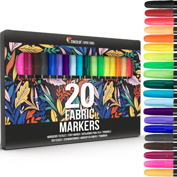 Zenacolor 20 Fabric Markers Pens Set - Indelible and Permanent Fabric Paint Fine Point Textile Marker Pen