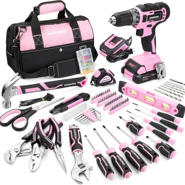 WORKPRO Pink Tool Kit with Drill, Tool Set with 20V Cordless Lithium-ion Drill Driver, Pink Drill Set for Women, 157PCS Home Tool Kit, Lady's Repairing Kit with 14-Inch Storage Bag - Pink Ribbon