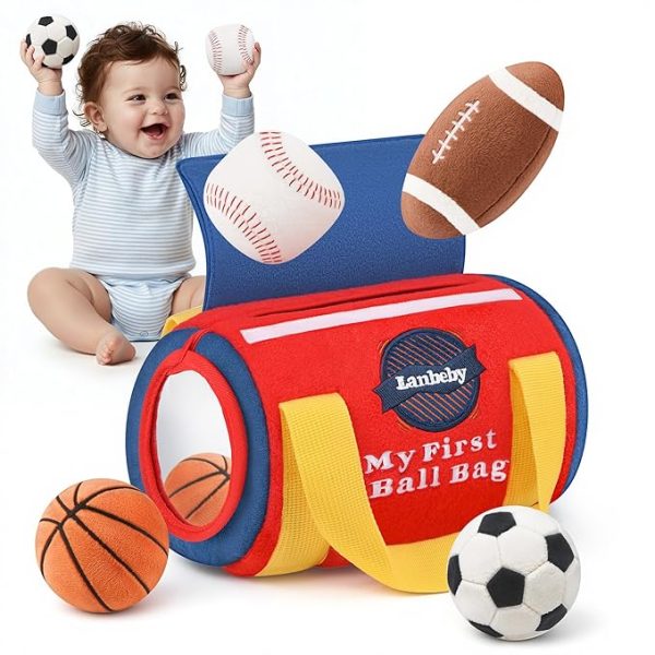 Baby Boy Toys 6-12 Months – My First Sports Bag Musical Infant Toys with 4 Sensory Balls – Basketball, Football, Baseball, Soccer – Rattle, Squeaker, Mirror for 3-6-9-12 Month Old Baby Christmas Gifts