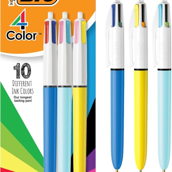 BIC 4-Color Retractable Ballpoint Pen, Long-Lasting Ink and Comfortable Wide Barrel, 3-Count Pack in Assorted Ink