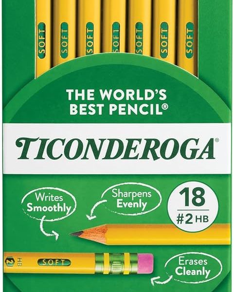 Ticonderoga Wood-Cased Pencils, Pre-Sharpened, #2 HB Soft, Yellow, 18 Count