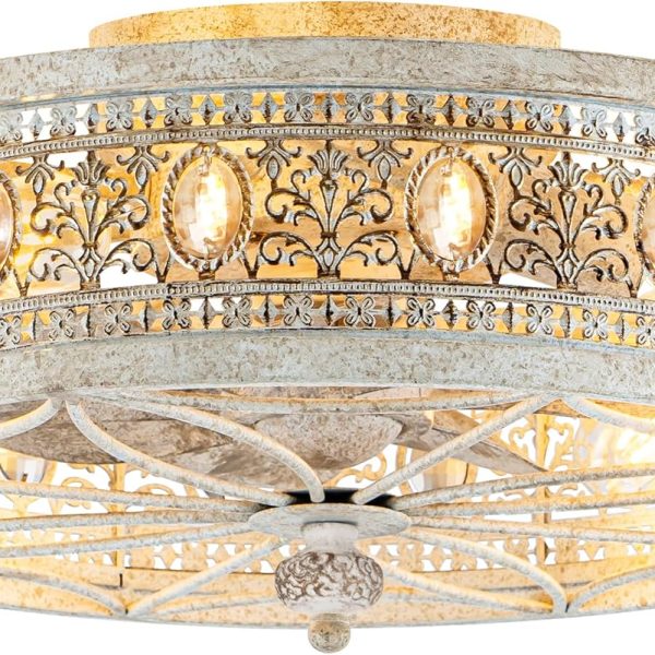 French Country Shabby Chic Crystal Fandelier, Cottage Flush Mount Ceiling Fan with Lights and Remote, Decorative Enclosed Fan for Girls Room, Nursery, Small Bedrooms