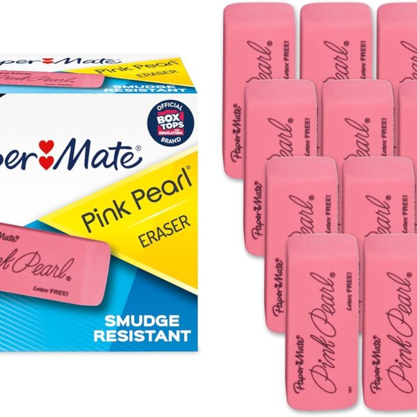 Paper Mate Erasers, Pink Pearl, 12 Count - Latex Free and Smudge Resistant, Back to School, Teacher Supplies
