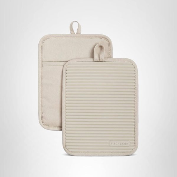 KitchenAid Ribbed Soft Silicone Pot Holder 2-Pack Set, Milkshake Tan, 7"x9"
