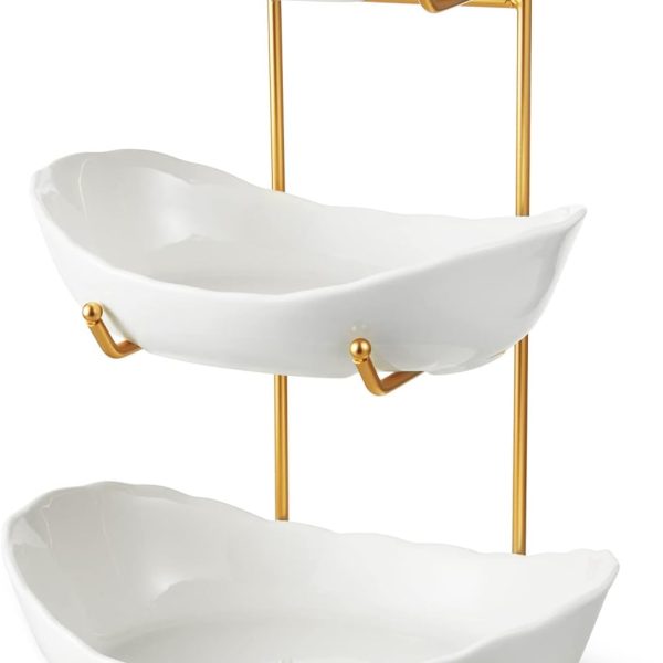 Ceramic Fruit Bowl for Kitchen Counter - 3 Tier Fruit Basket with Metal Stand, Tiered Fruit Stand for Countertop, Snack, Nuts, Cake, Dessert, Small & Cute (Gold)