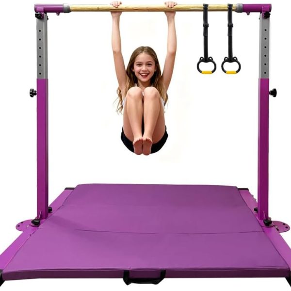 Gymnastics Bar for Kids Girls Ages 3-15 with Ring for Home Indoor Training Equipment- Steady Steel Construction, Anti-Slip, Easy to Assemble, 3' to 5' Adjustable Height